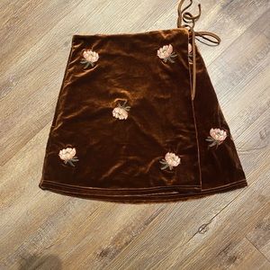 Brown Wrap Skirt with embroidered flowers